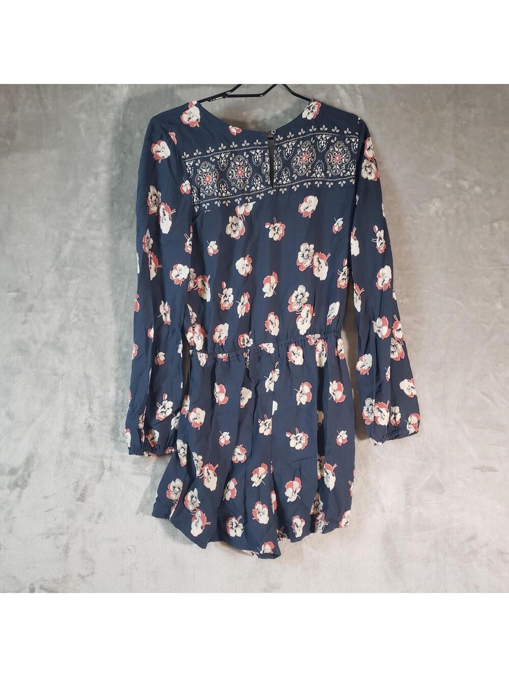 Abercrombie & Fitch Floral Long Sleeve Romper Navy M V-Neck Button Elastic Waist - Picture 3 of 7